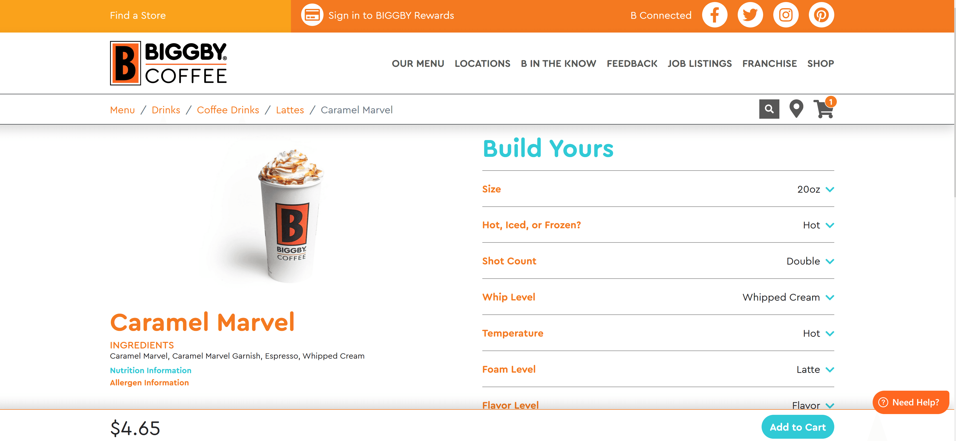 BIGGBY online ordering drink builder for a Caramel Marvel latte