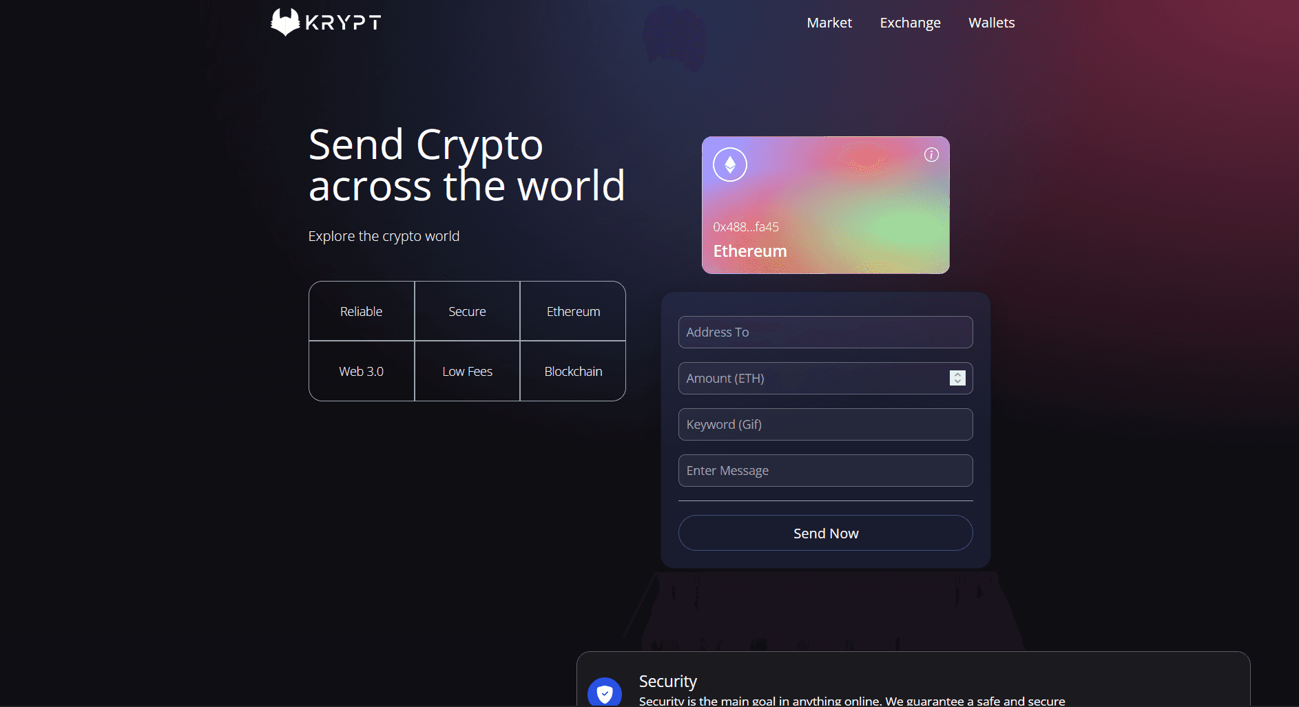 Krypt app — “Send Crypto across the world” with an Ethereum wallet card and transfer form