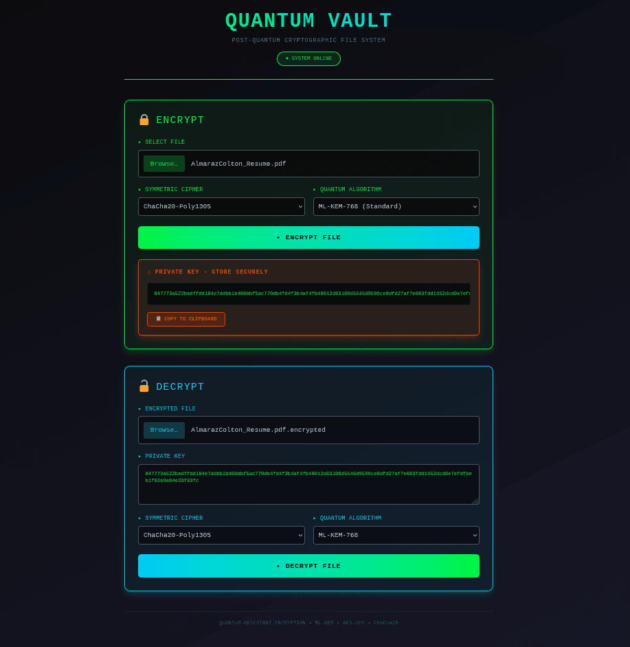The Quantum Vault app: an Encrypt panel with file picker, symmetric cipher set to ChaCha20-Poly1305 and quantum algorithm set to ML-KEM-768, showing the generated private key, above a matching Decrypt panel