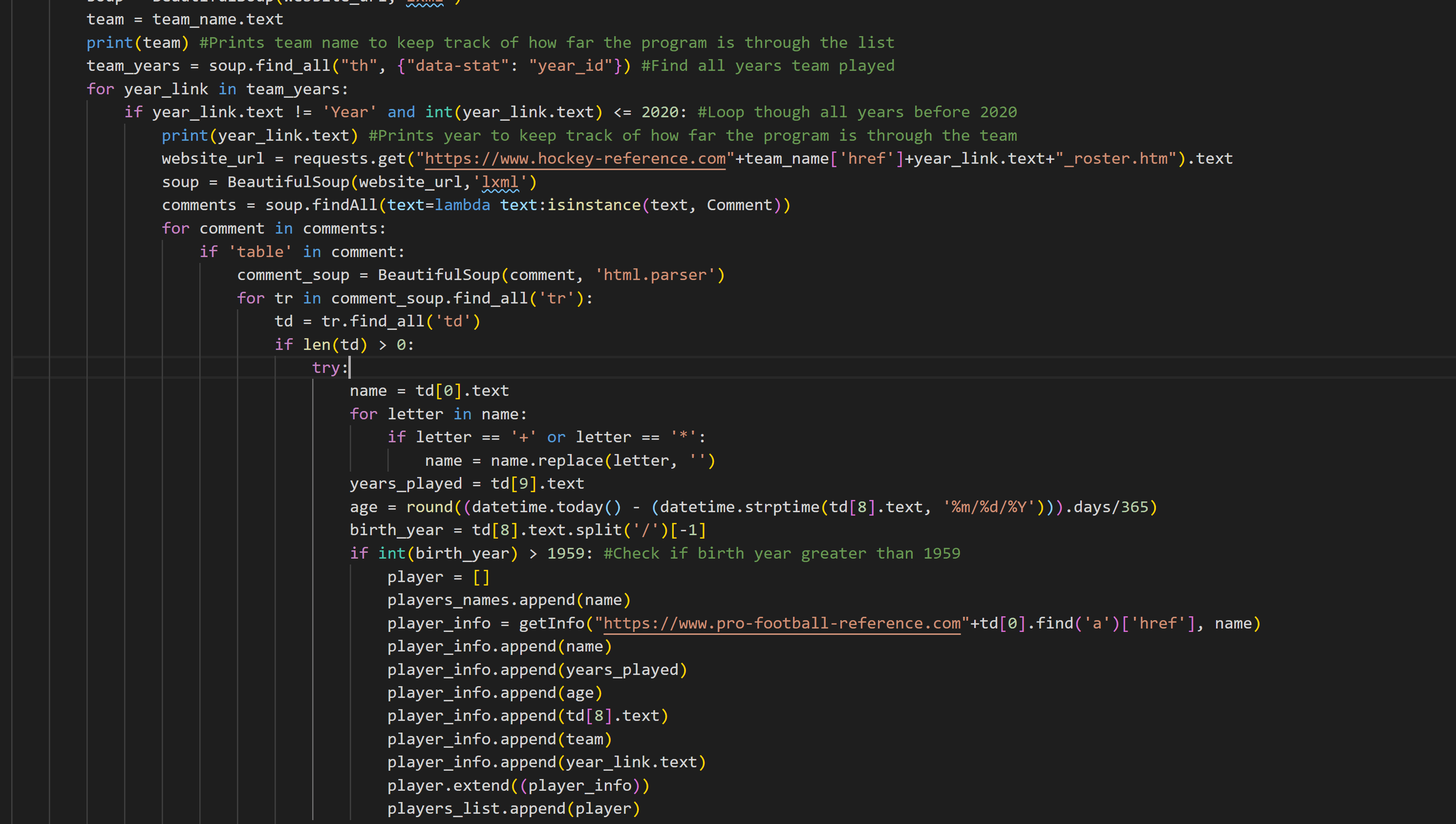 Python BeautifulSoup code that scrapes player rosters from sports reference sites